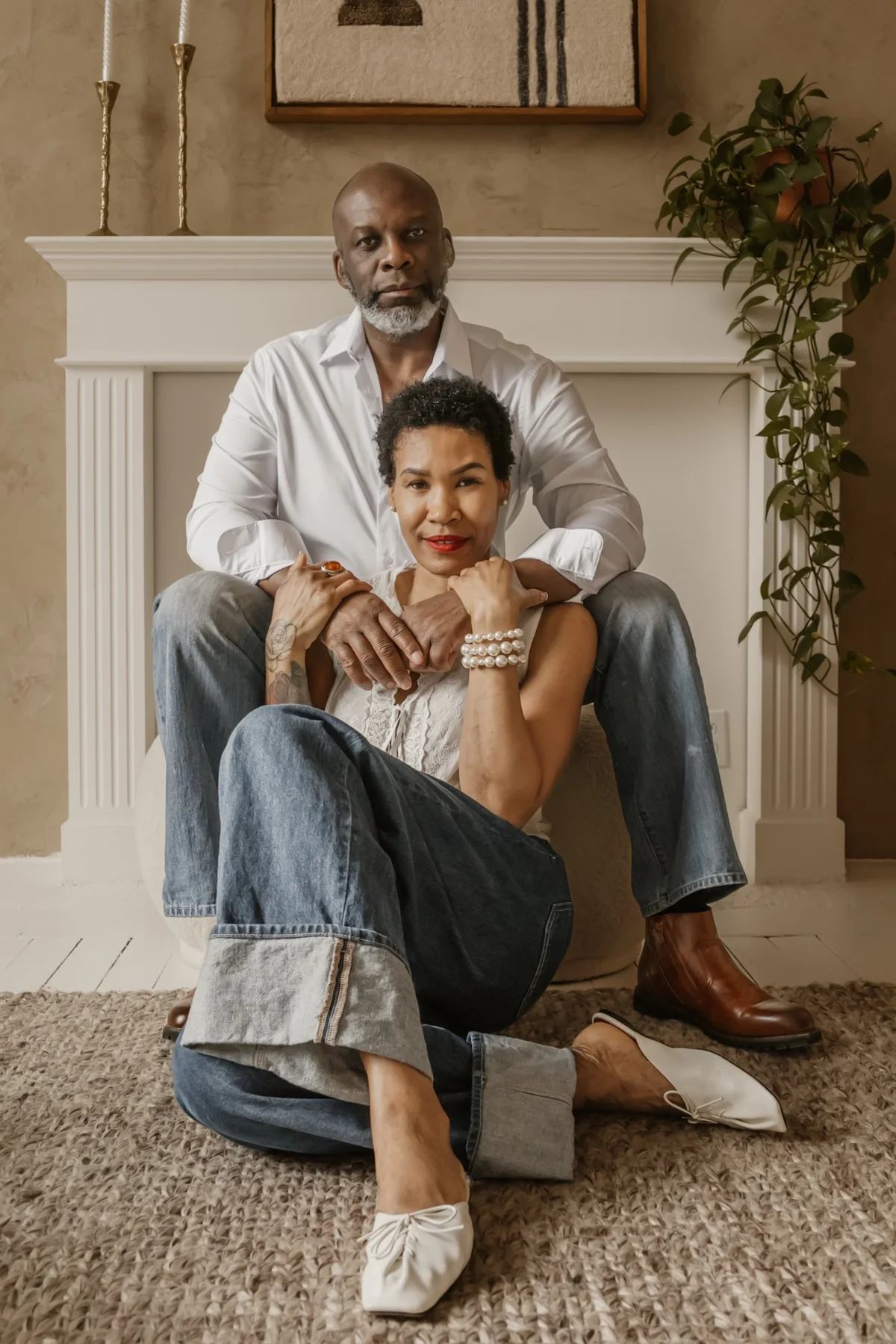 Couple portrait in a warm neutral interior